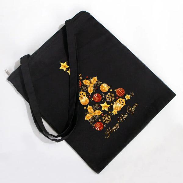 New Year Cotton Tote Bag with Zipper – Black 14" × 16" (35 × 40 cm) Custom Printed Gift Bag - Pamusan.com