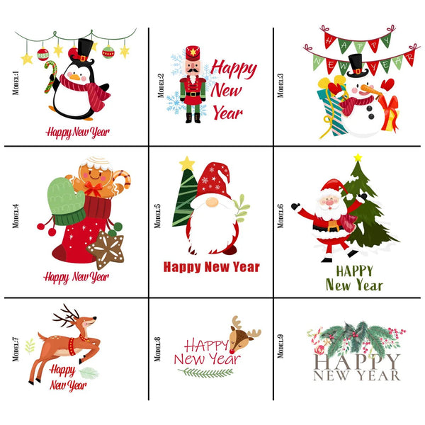 “Set of 9 Happy New Year designs including penguin, snowman, Santa, reindeer, and gnome illustrations with colorful festive text.”