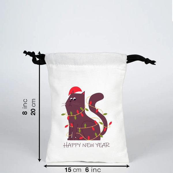 New Year Drawstring Pouch – Holiday Cotton Gift Bag with Black Strings - Pamusan.com