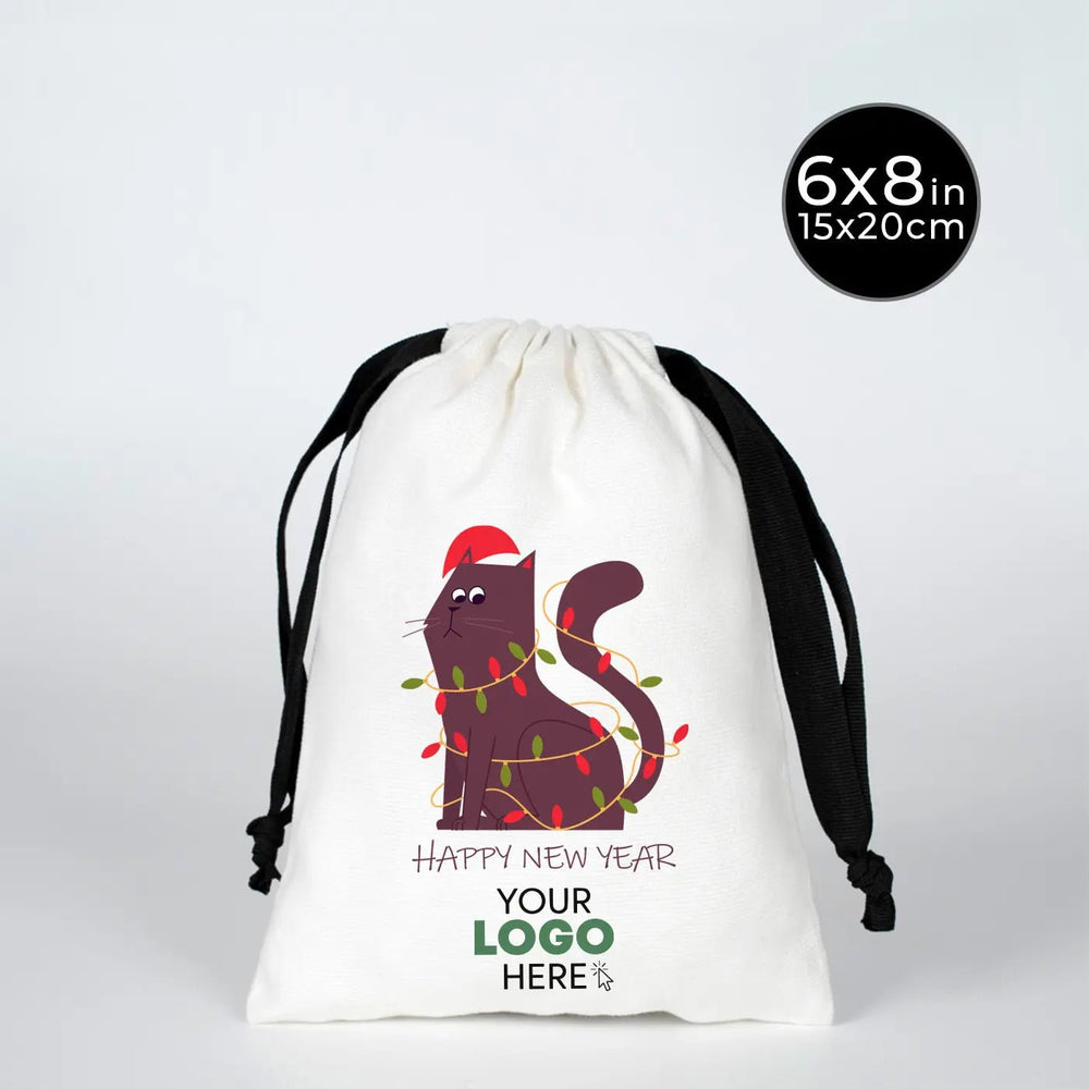 New Year Drawstring Pouch – Holiday Cotton Gift Bag with Black Strings - Pamusan.com