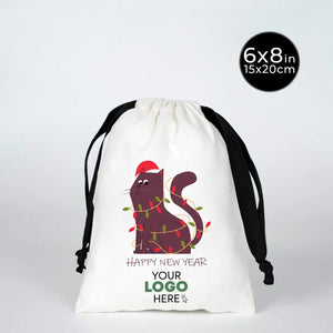 New Year Drawstring Pouch – Holiday Cotton Gift Bag with Black Strings - Pamusan.com