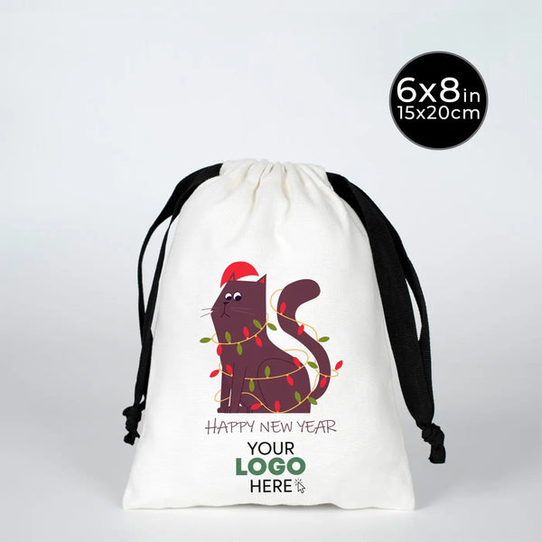 New Year Drawstring Pouch – Holiday Cotton Gift Bag with Black Strings - Pamusan.com