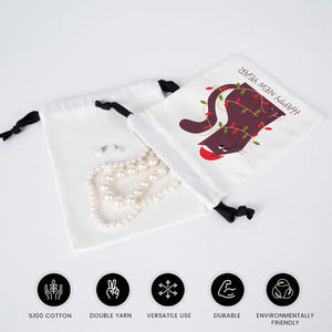 New Year Drawstring Pouch – White Fabric Gift Bag with Black Strings 3 Different Size - Pamusan.com