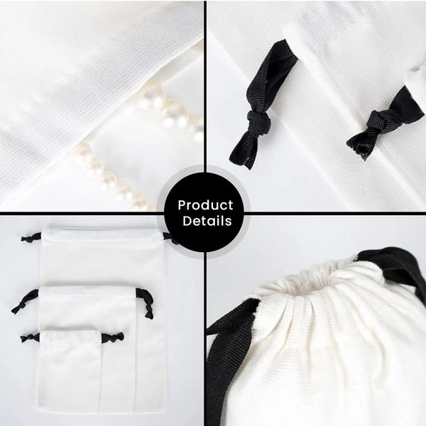 New Year Drawstring Pouch – White Fabric Gift Bag with Black Strings 3 Different Size - Pamusan.com