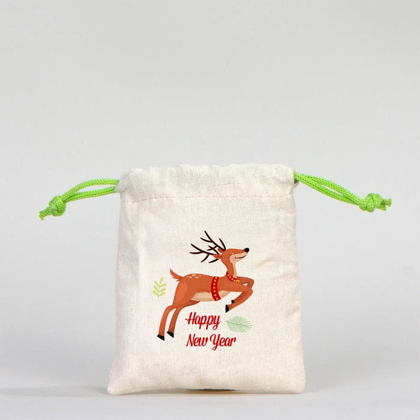 New Year Green Cotton Drawstring Bag 4" × 5" (10 × 13 cm) – Personalized Gift Pouch - Pamusan.com