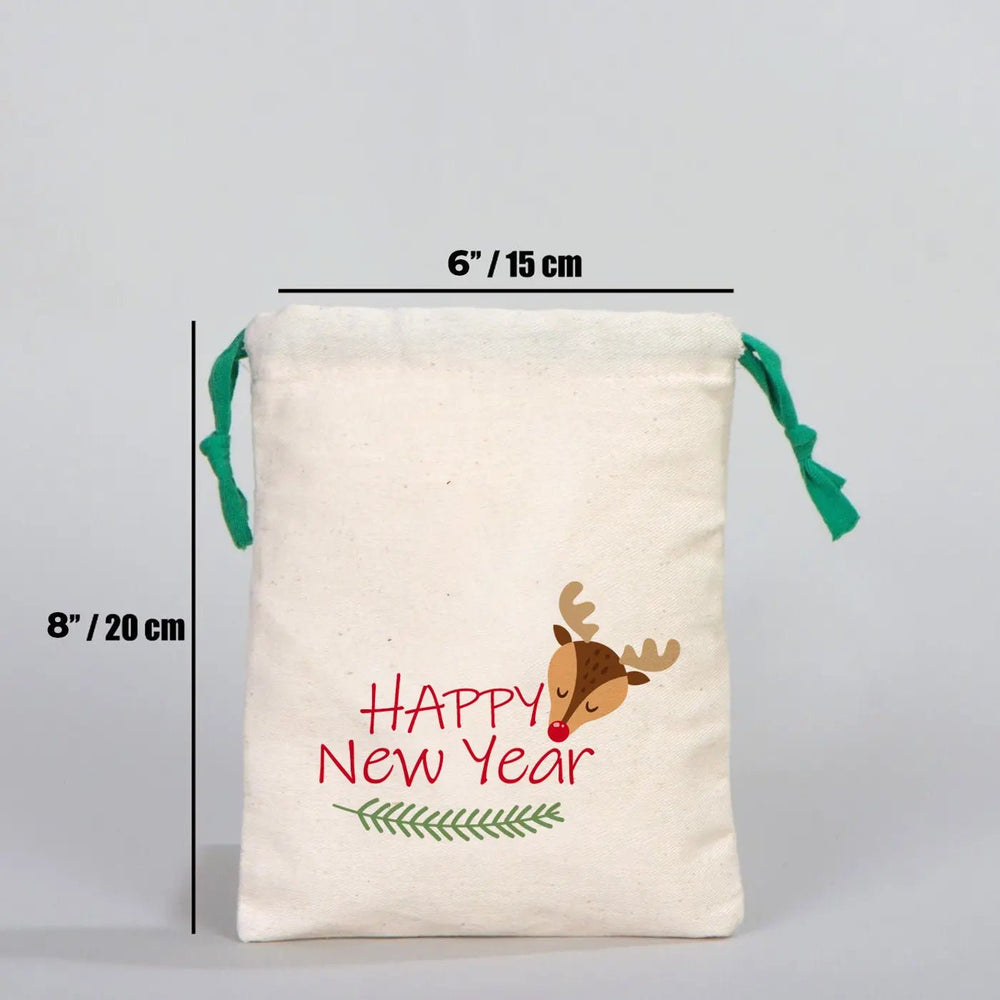 New Year Green Drawstring Pouch 6" × 8" (15 × 20 cm) – Custom Cotton Gift Bag for Holiday - Pamusan.com