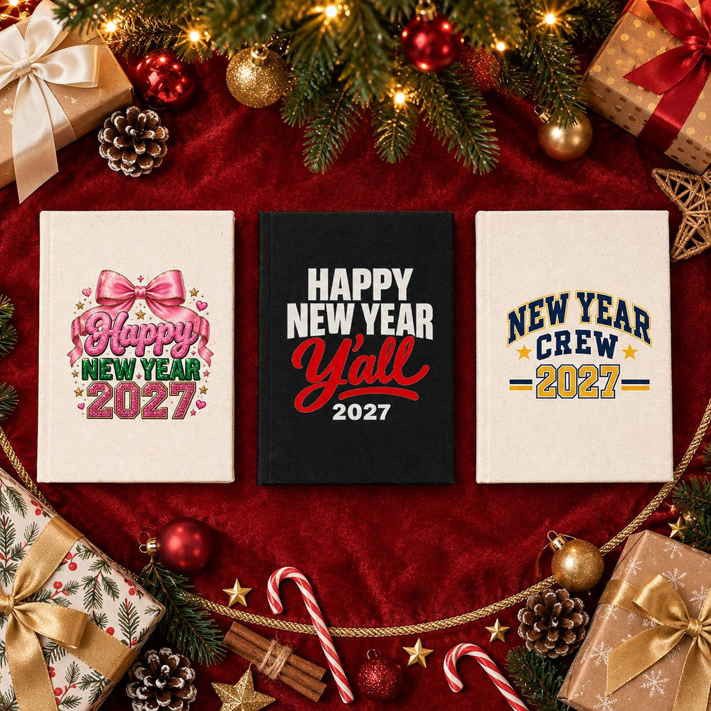 New Year Journal Bulk – Canvas Notebook A5 5.5" × 7.9" (14 × 20 cm), 18 Happy New Year 2027 Designs, Natural or Black Cover - Pamusan.com