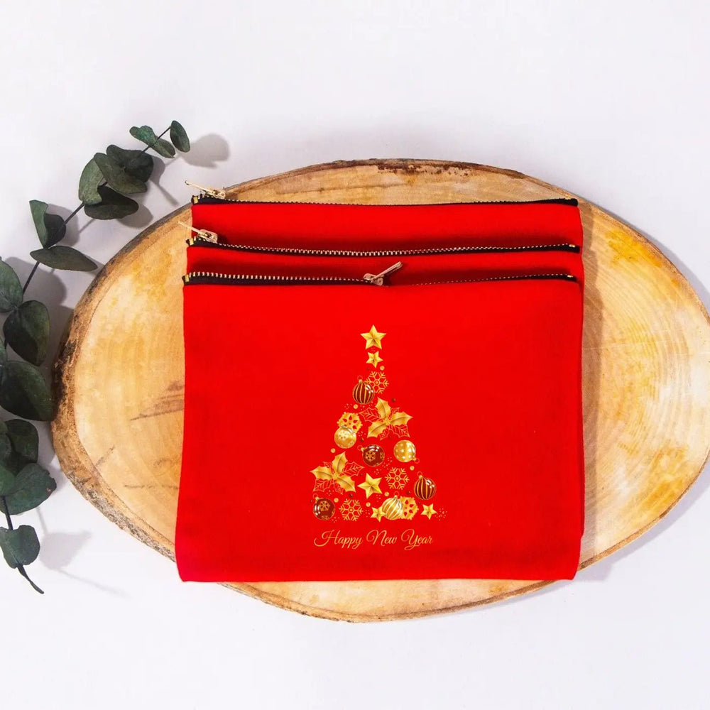 New Year Red Clutch Bag 8" × 6" (20 × 15 cm) – Printed Cotton Gift Bag for Holidays - Pamusan.com