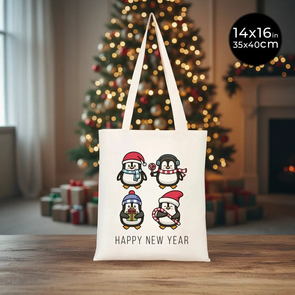 New Year Tote Bag 14" × 16" (35 × 40 cm) – Natural Cotton Fabric with Cute Penguin Holiday Design - Pamusan.com