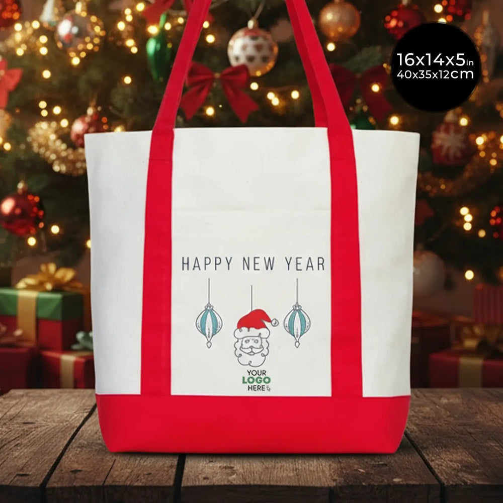 New Year Tote Bag 16" × 14" × 5" (40 × 35 × 12 cm) – Red & Natural Canvas with Holiday Print Options - Pamusan.com