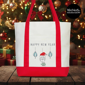 New Year Tote Bag 16" × 14" × 5" (40 × 35 × 12 cm) – Red & Natural Canvas with Holiday Print Options - Pamusan.com