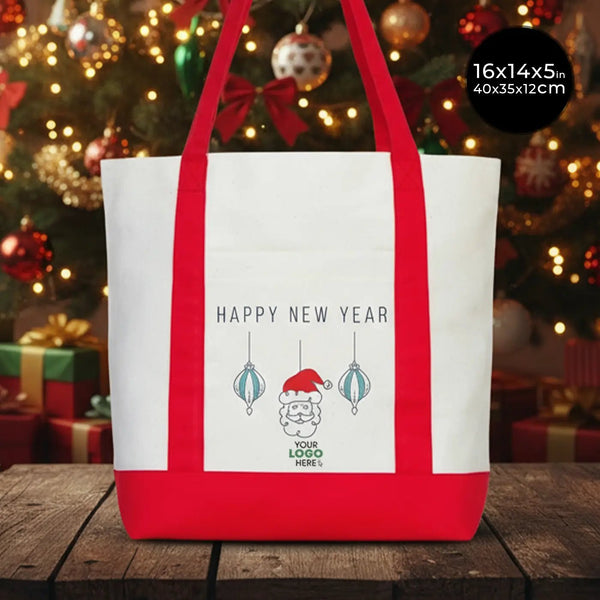 New Year Tote Bag 16" × 14" × 5" (40 × 35 × 12 cm) – Red & Natural Canvas with Holiday Print Options - Pamusan.com