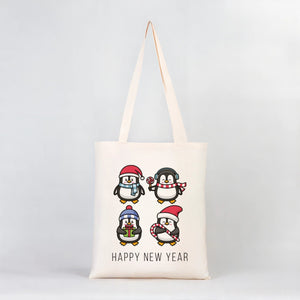 New Year Tote Bag – Natural Cotton Fabric with Cute Penguin Holiday Design - Pamusan.com