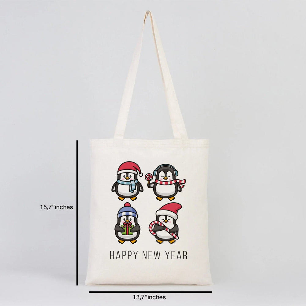 New Year Tote Bag 14" × 16" (35 × 40 cm) – Natural Cotton Fabric with Cute Penguin Holiday Design - Pamusan.com
