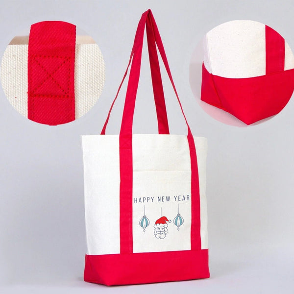 New Year Tote Bag – Red & Natural Canvas with Holiday Print Options - Pamusan.com