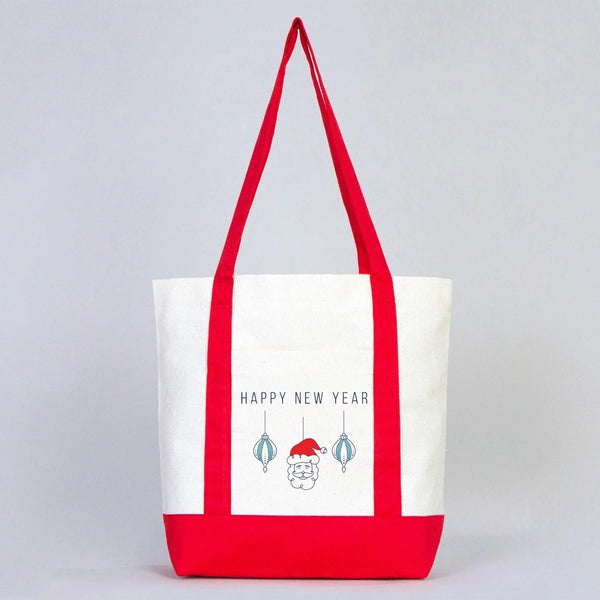 New Year Tote Bag – Red & Natural Canvas with Holiday Print Options - Pamusan.com