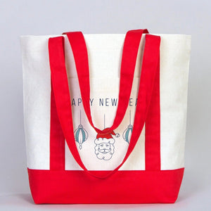 New Year Tote Bag – Red & Natural Canvas with Holiday Print Options - Pamusan.com