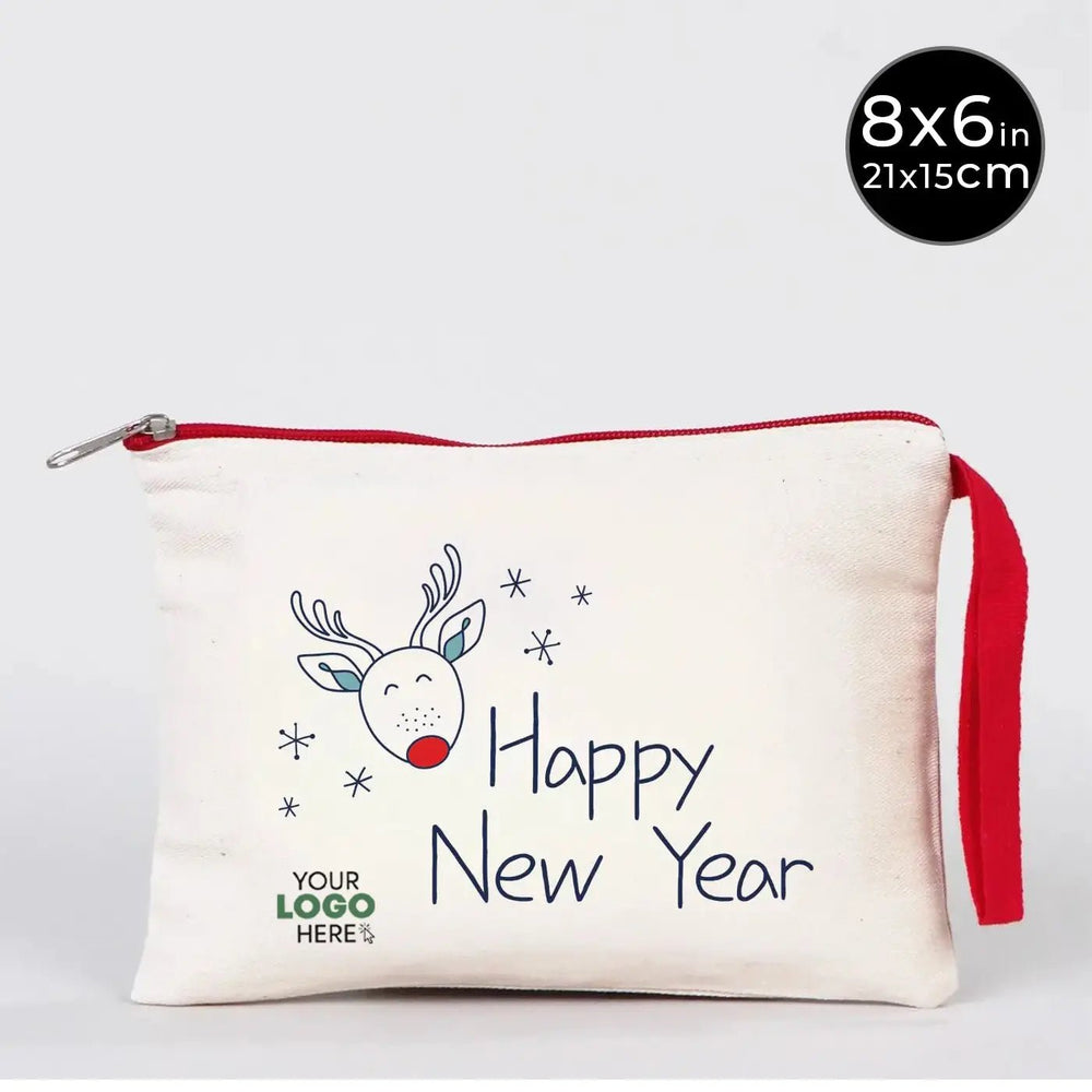 New Year Zipper Pouch 8" × 6" (21 × 15 cm) – Cotton Holiday Gift Bag with Red Handle - Pamusan.com