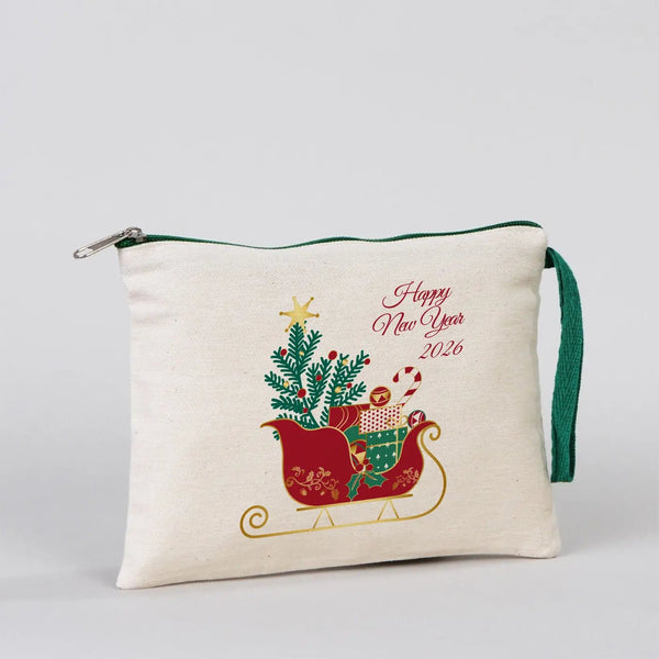 New Year Zipper Pouch 8" × 6" (21 × 15 cm) – Custom Cotton Holiday Gift Bag with Green Handle - Pamusan.com