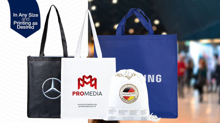 Four promotional bags with different logos in a shopping mall setting.