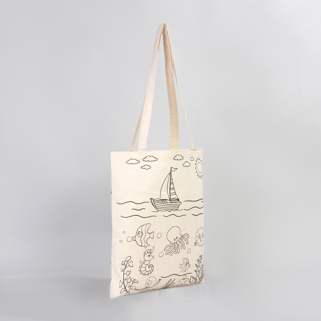 Bammerz Paintable Cotton Bag  14"W x 16"H (35 cm x 40 cm)  - Fish & Boat - NO PENCİL İNCLUDED