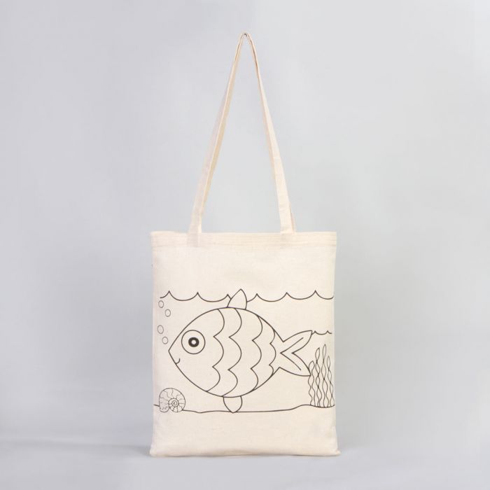 Fish - Boat Printed Dyeable Tote Bag 14" W x 16" H (35 cm x 40 cm) & Felt Tip