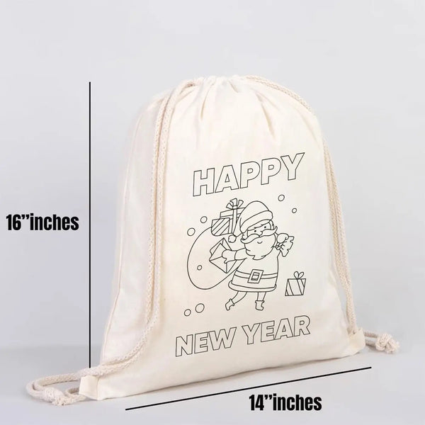 Paintable New Year Drawstring Backpack – Happy New Year Coloring Cotton Bag - Pamusan.com