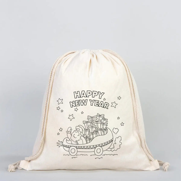 Paintable New Year Drawstring Backpack – Happy New Year Coloring Cotton Bag - Pamusan.com