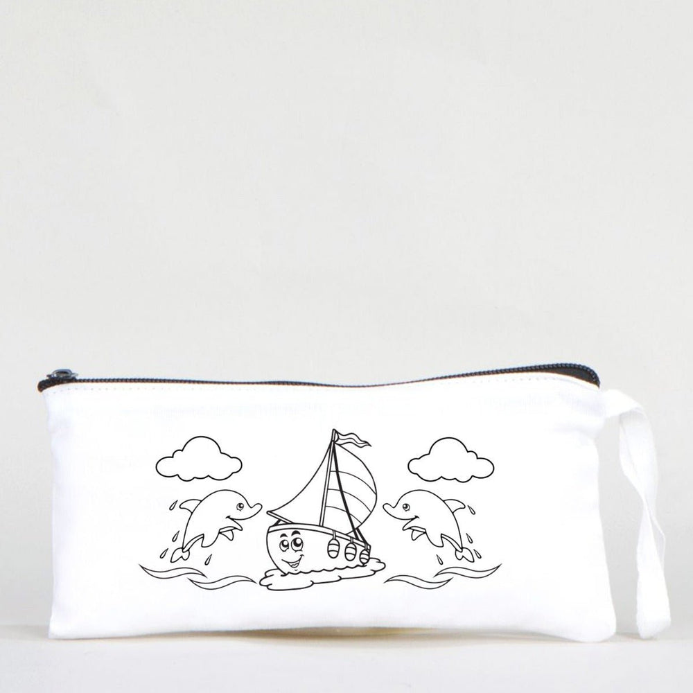 Paintable Pencil Case with Sailboat & Dolphin Design – 8" × 4" - 6 oz - Pamusan.com