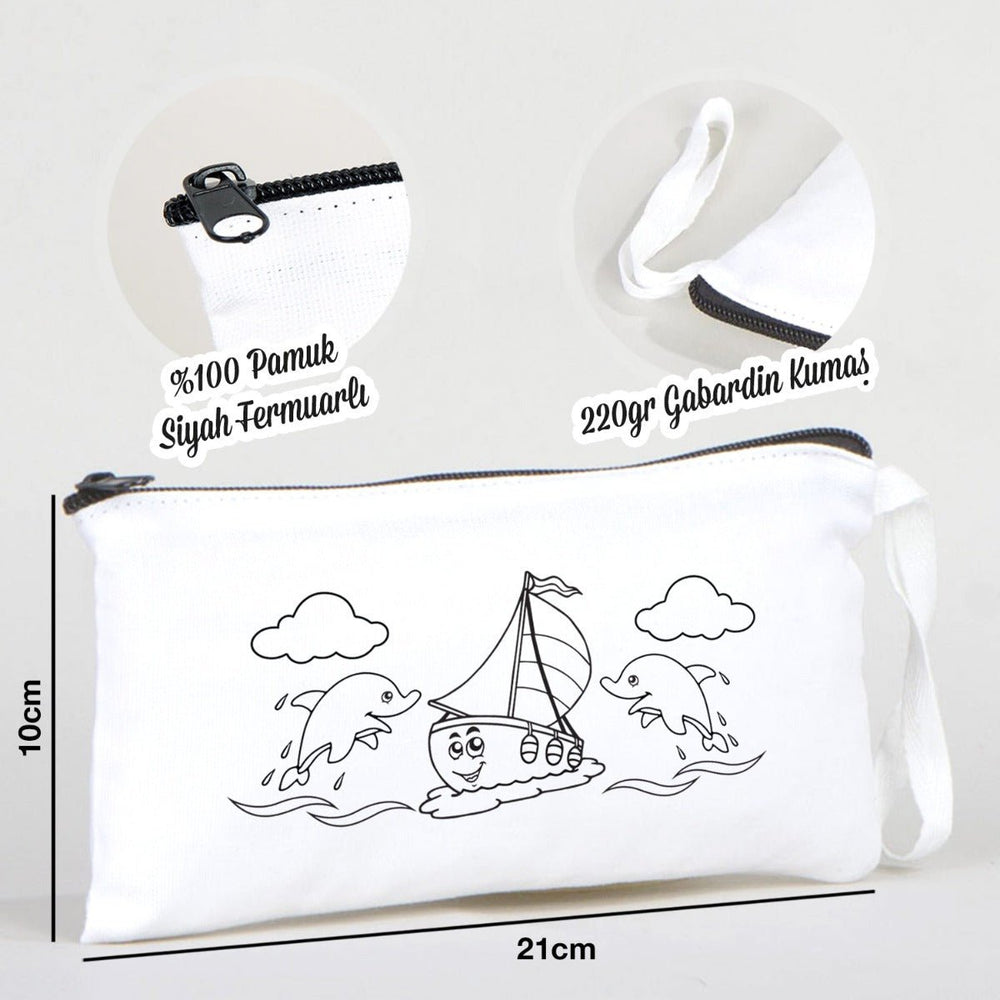Paintable Pencil Case with Sailboat & Dolphin Design – 8" × 4" - 6 oz - Pamusan.com