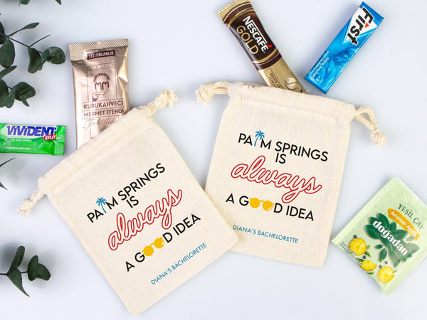 Palm Springs Bachelorette Party Bags – Custom Cotton Pouches — print detail | Pamusan