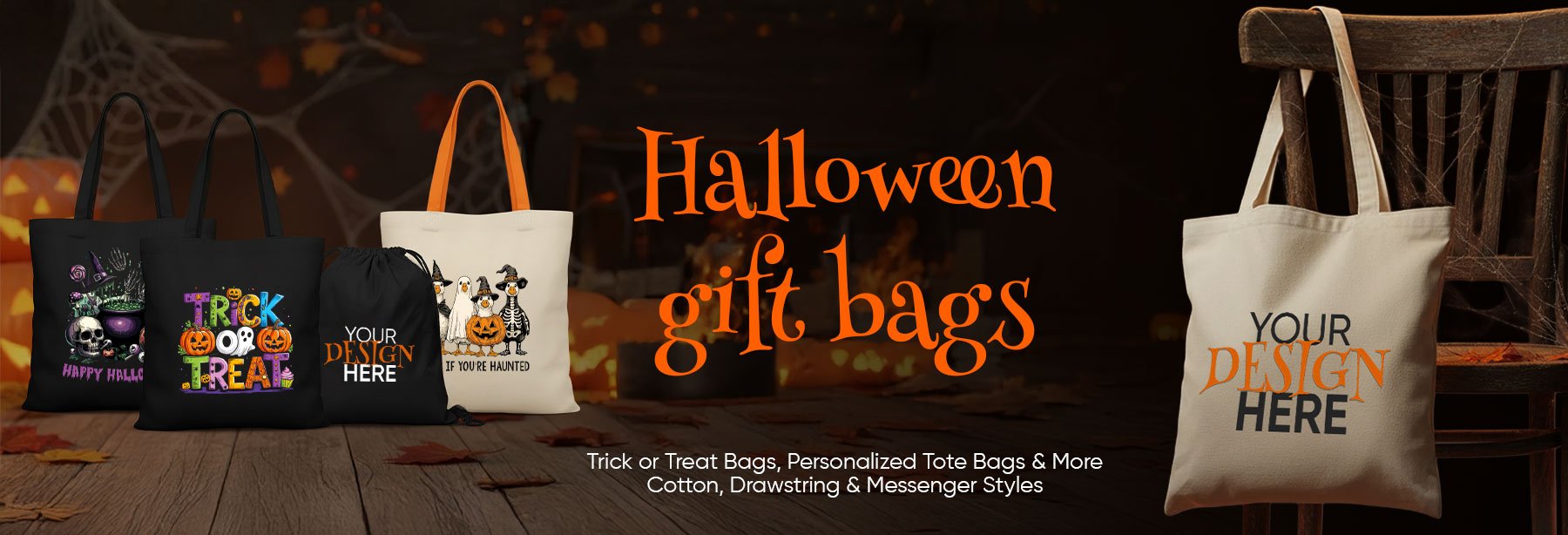 Halloween gift bags with customizable text on a wooden table.