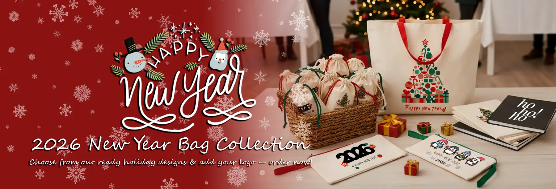 New Year bag collection with decorative items on a festive background