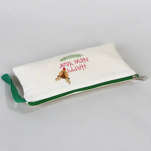 Pencil Case Happy New Year 8" × 4" (21 × 10 cm) – Festive Holiday Design with Green Zipper - Pamusan.com