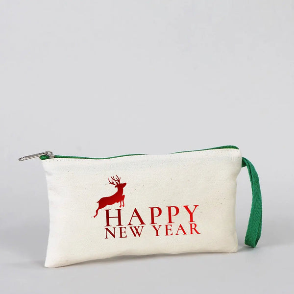 Pencil Case Happy New Year 8" × 4" (21 × 10 cm) – Festive Holiday Design with Green Zipper - Pamusan.com