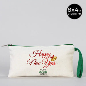 Pencil Case Happy New Year 8" × 4" (21 × 10 cm) – Festive Holiday Design with Green Zipper - Pamusan.com