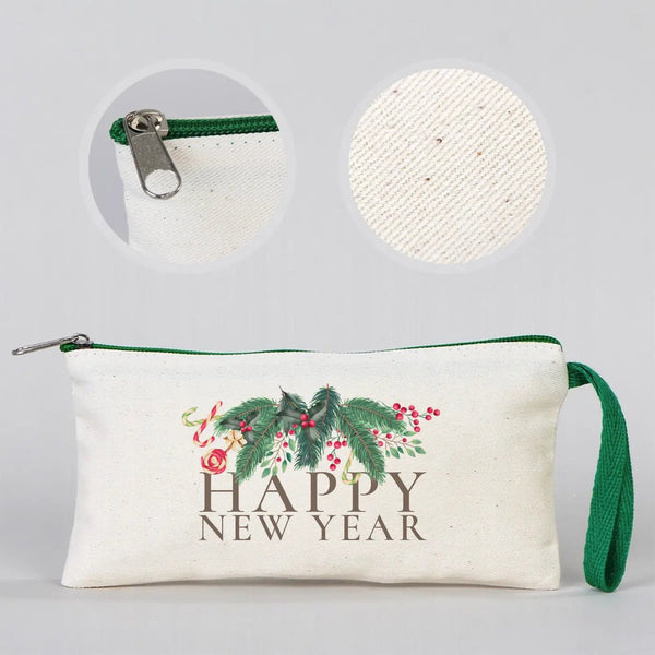 Pencil Case Happy New Year 8" × 4" (21 × 10 cm) – Festive Holiday Design with Green Zipper - Pamusan.com