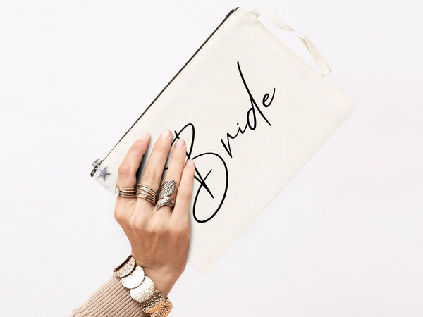 Personalised Bride clutch bag - 10"W x 7"H (25 cm x 18 cm) Custom Cotton Clutch Bags - Bride gift - Bride Wedding Eco friendly Clutch bag - Pamusan.com