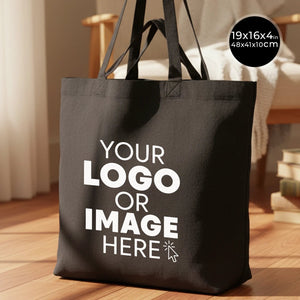Personalized Black Cotton Shopping Tote Bag – 19" × 16" × 4" (48 × 41 × 10 cm) – 4 oz - Pamusan.com
