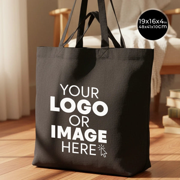 Personalized Black Cotton Shopping Tote Bag – 19" × 16" × 4" (48 × 41 × 10 cm) – 4 oz - Pamusan.com