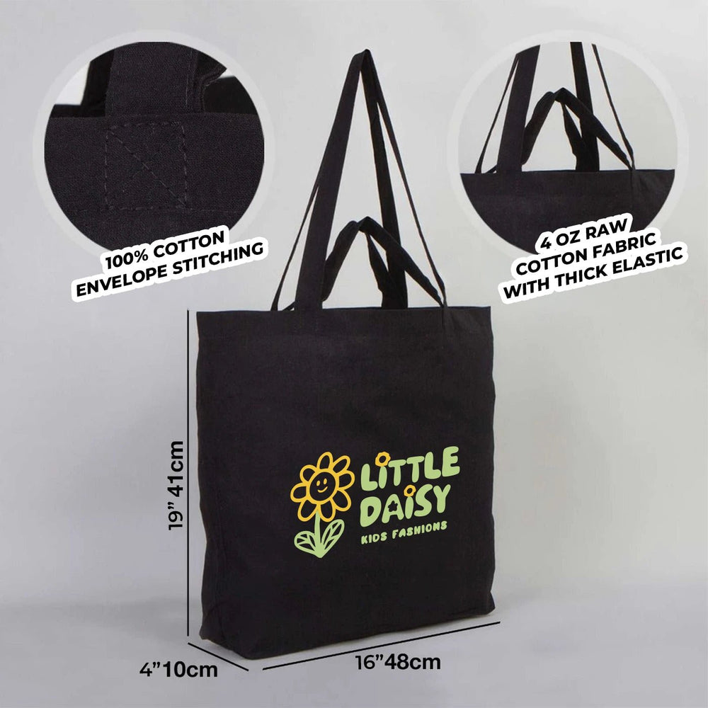 Personalized Black Cotton Shopping Tote Bag – 19" × 16" × 4" (48 × 41 × 10 cm) – 4 oz - Pamusan.com