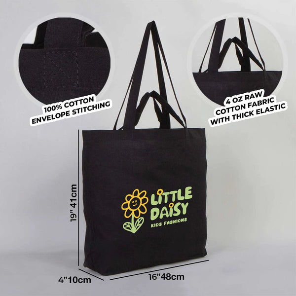 Personalized Black Cotton Shopping Tote Bag – 19" × 16" × 4" (48 × 41 × 10 cm) – 4 oz - Pamusan.com