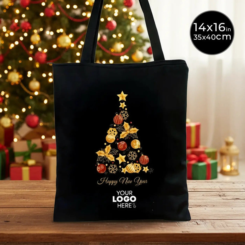 Personalized New Year Tote Bag 14" × 16" (35 × 40 cm) – Black Cotton Bag for Events - Pamusan.com