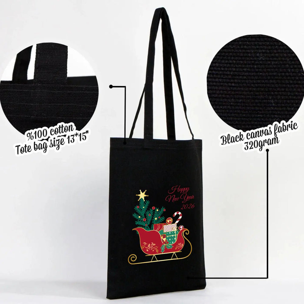 Personalized New Year Tote Bag 14" × 16" (35 × 40 cm) – Black Cotton Bag for Events - Pamusan.com