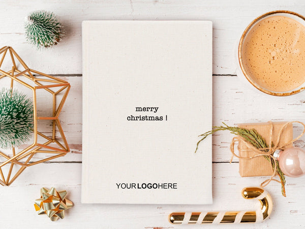 Personalized Notebook 5"W x 8"H (14 x 20 cm), A5 Canvas Cover, Your Logo or Text Here, Merry Christmas Designs, Happy New Year - Pamusan.com