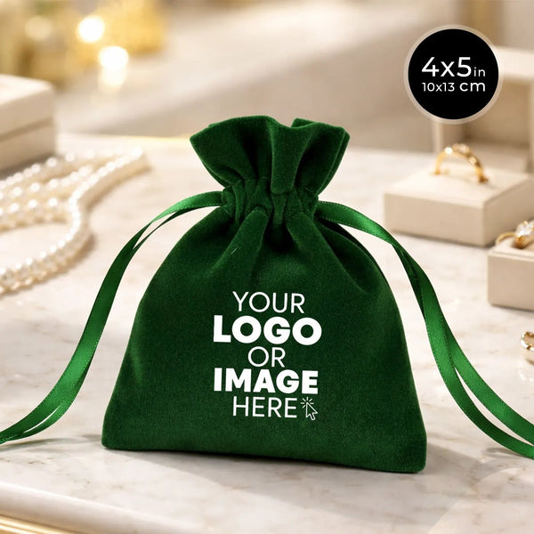 Personalized Velvet Rose Drawstring Pouch – Green – 4" × 5" (10 × 13 cm) - Pamusan.com