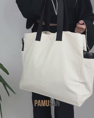 Blank Canvas Tote Bags 16"W x 14"H x 6"L – Two Side Pockets, Black Woven Handles, Full 6" Gusset – 450 gsm Cotton