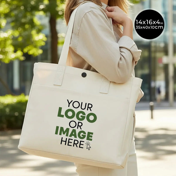 Printed Canvas LUX Tote Bag – Snap Button & Front Pockets – 18" × 16" × 4" (35 × 40 × 10 cm), Thick 10 oz Cotton - Pamusan.com