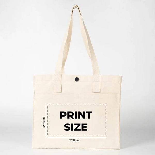 Printed Canvas LUX Tote Bag – Snap Button & Front Pockets – 18" × 16" × 4" (35 × 40 × 10 cm), Thick 10 oz Cotton - Pamusan.com