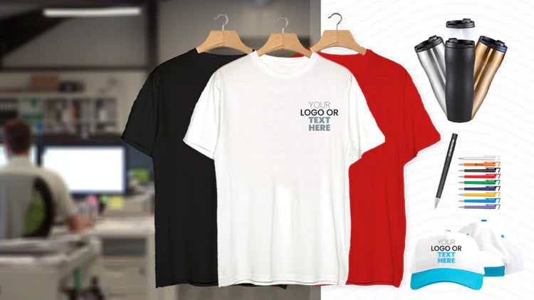 Black, white, and red t-shirts with customizable text on hangers, office background.